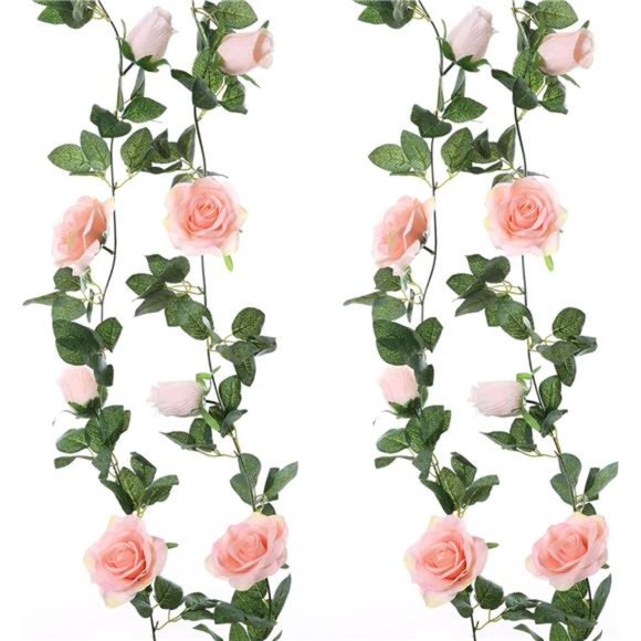 2 Pack Pink Artificial Floral Garland 13 FT Fake Rose Vine Hanging Rose Garland - Picture 1 of 6